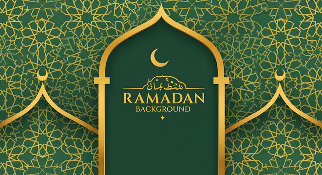 Ornate Islamic Archway with Ramadan Greeting on Embroidered Green Background, Symbolizing Spirituality and Cultural Heritage