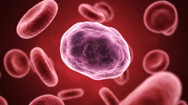 A detailed 3D animation showing a purple abnormal cell or pathogen circulating with red blood cells in the bloodstream.