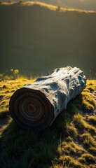 A single, large log is positioned on a grassy knoll, bathed in soft sunlight, highlighting its organic form ,  rural,  isolated log