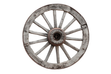 Antique wooden wagon wheel isolated on transparent background. Vintage wooden wagon wheel rustic and weathered texture isolated on white background.