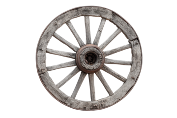 Antique wooden wagon wheel isolated on transparent background. Vintage wooden wagon wheel rustic and weathered texture isolated on white background.