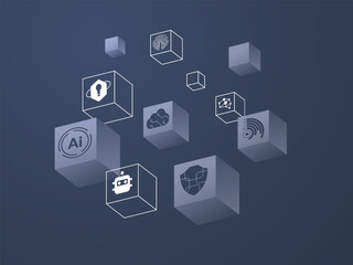 Futuristic Artificial intelligence(AI) with floating Digital Cubes and Outline cubes vector illustration design concept Representing Innovation, automation, robotic, cyber security, machine learning.
