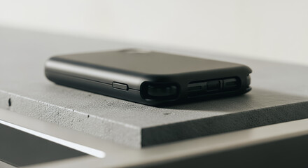 Premium black smartphone protective case detail macro shot. Modern mobile phone accessory lying on rough gray concrete background, showcasing durability and minimalist product design.