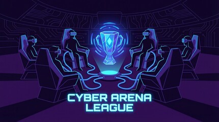 A group of gamers sitting in a virtual reality arena competing in a cyber league tournament with a glowing trophy in the center