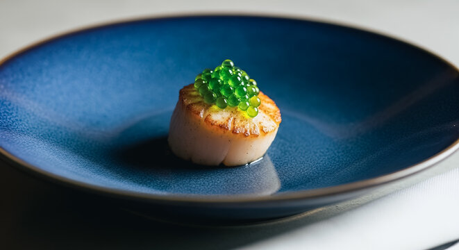 Gourmet Pan-Seared Sea Scallop Topped with Bright Green Molecular Caviar, Exquisite Fine Dining Appetizer on a Deep Blue Ceramic Plate.