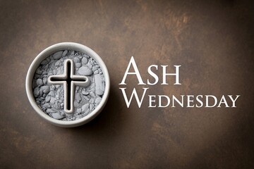 Ash wednesday minimal christian background with ash bowl and cross symbol