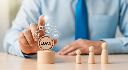 A person's hand selecting loan options in a digital business finance concept
