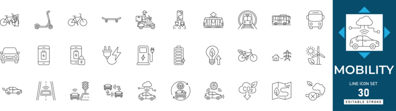 Mobility line icon set featuring transport, electric, vehicle, urban, travel, scooter, autonomous, technology, smart, city editable vector set.
