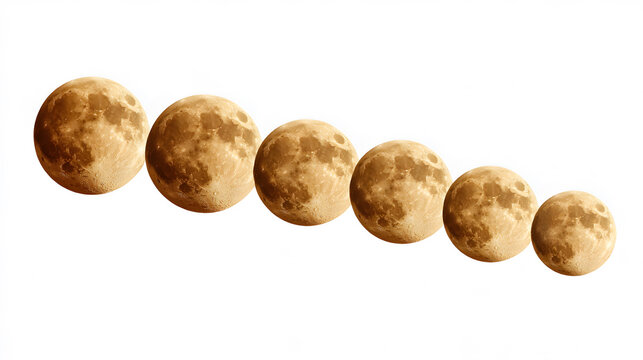 image shows the cycle of the moon, each phase is depicted sequentially, showing the full moon gradually decreasing