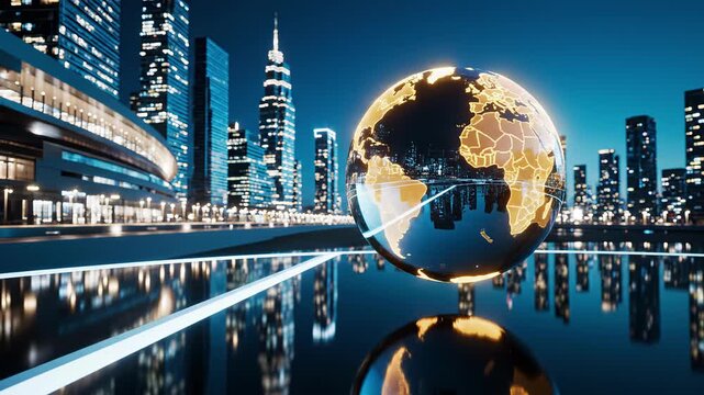 Futuristic city skyline at night with a rotating golden digital globe. 3D animation of earth with network lines and reflections. Global business and technology background