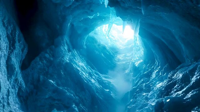 View upward through icy cave tunnel with textured blue walls and bright opening above