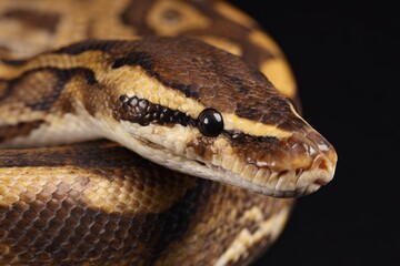 Fototapeta premium Close up of a ball python resting on a black surface showing its pattern and scales