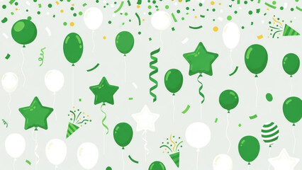 Green Confetti and Balloons on White Background, Celebration Decoration