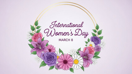 International Womens Day Floral Wreath with Purple and Pink Flowers on Light Background