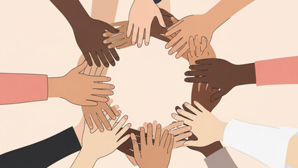 Diverse Hands Together in Unity Circle on Beige Background, Vector Illustration