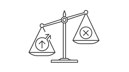 Balance Scale with Up Arrow and Cross Symbols, Simple Line Art Illustration