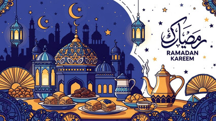 Ramadan Kareem Illustration with Mosque and Traditional Food