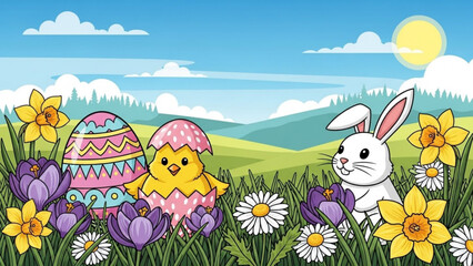 Easter Bunny and Chick with Decorated Egg in Flower Field during Spring