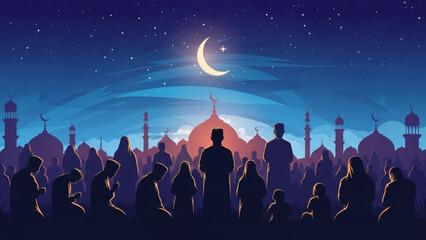 Muslims Praying Under Crescent Moon in Mosque Silhouette at Night