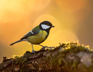Obraz premium Bird perched on branch, golden light