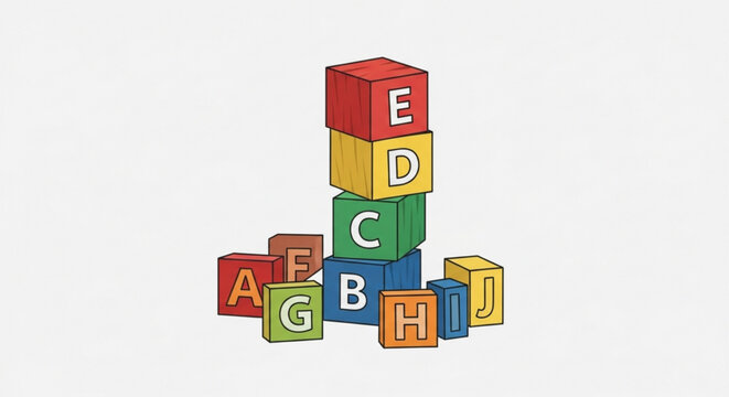 A colorful illustration of wooden alphabet blocks stacked in a playful tower