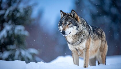 Obraz premium A wolf stands in a snowy landscape, surrounded by trees