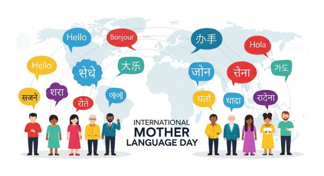 A colorful vector graphic celebrating International Mother Language Day with diverse people and speech bubbles