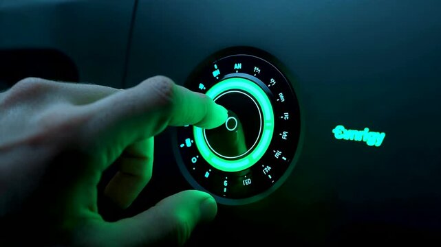 Hand adjusting illuminated circular control dial on modern electronic device in dark interior