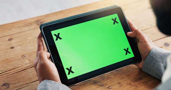 Green screen, desk and hands of man on tablet for business website, notification and news. Chromakey, mockup space and person on digital tech for networking, connection and research on internet - Powered by Adobe