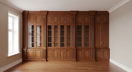 Empty square room with Classic cabinet wall of brown wood panels