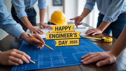 Engineers collaborate around a desk carefully examining blue architectural blueprints with tools present