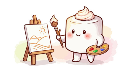A cartoon dessert character with a paintbrush and palette stands beside an easel holding a canvas with a landscape painting © Avra
