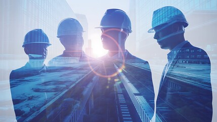 Engineers in hard hats shown with double exposure over modern urban development and infrastructure