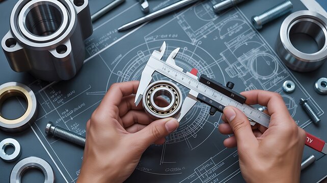 Engineers hands precisely measure a small bearing with calipers on an engineering blueprint