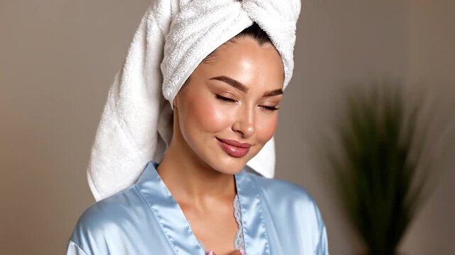 Woman in bathrobe and towel, soft focus, gentle smile