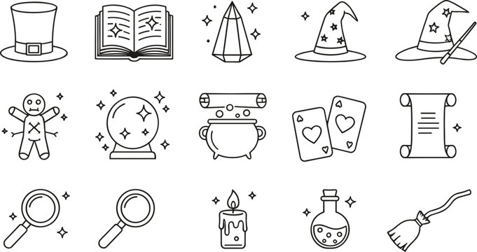 Large set of magic and witchcraft icons in black line art featuring wizard hats spell books crystal balls and potions.
