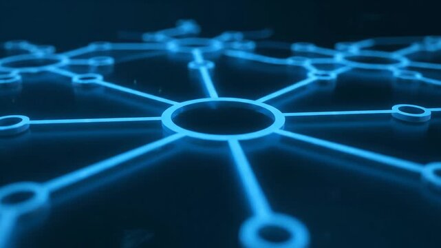 A dynamic animation of a blue glowing abstract network, symbolizing interconnectedness, data transfer, and modern technology concepts.