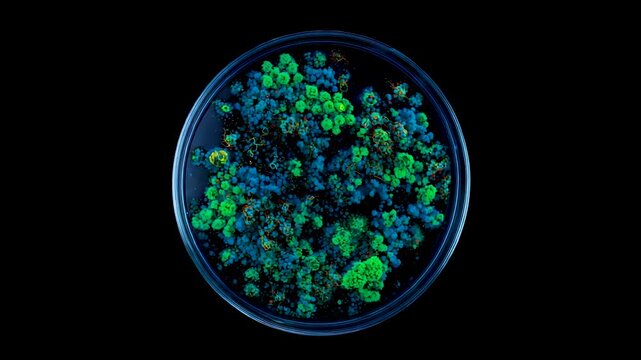 Circular laboratory petri dish containing dense clusters of green and blue microorganisms on dark background