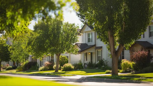 Sunny tree lined suburban street with houses and manicured lawns