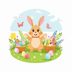 Easter Bunny with Eggs and Flowers in Garden Easter.
