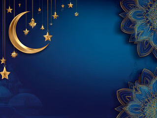 Blue background with golden crescent moon stars and mandala patterns