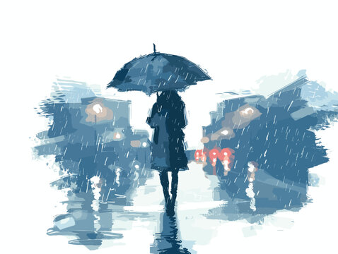 isolate white background, Walking with an umbrella in the rain - isolate on a rainy street background., drawings in colure pencil easy, very simple and isolate in the style of animated illustrations