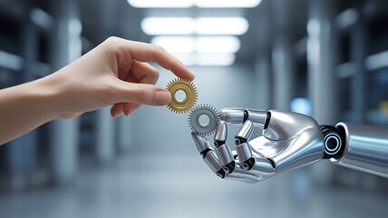 Human hand and robotic hand collaborate by connecting two gears in a futuristic industrial setting