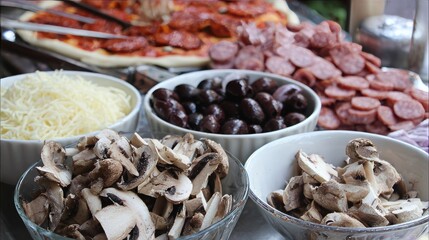 Arrange the pizza toppings (mushrooms, olives, sausage slices) neatly next to the pizza, like chemical samples or specimens.