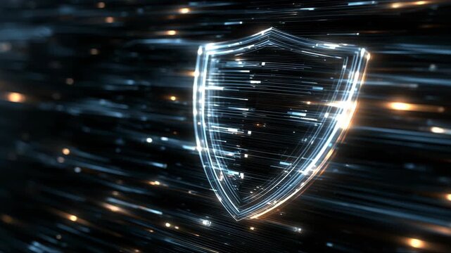 Futuristic glowing shield digital security light streaks