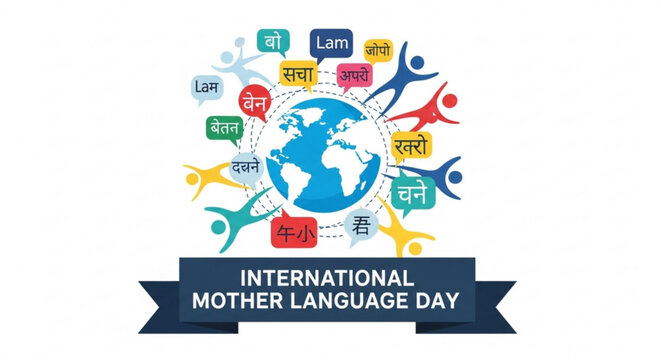 International mother language day celebration with diverse people and globe