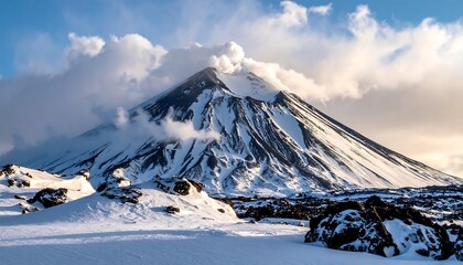 Majestic snow-covered mountain peak under cloudy blue sky