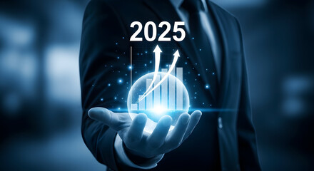 Businessman presenting 2025 growth projection with glowing graph