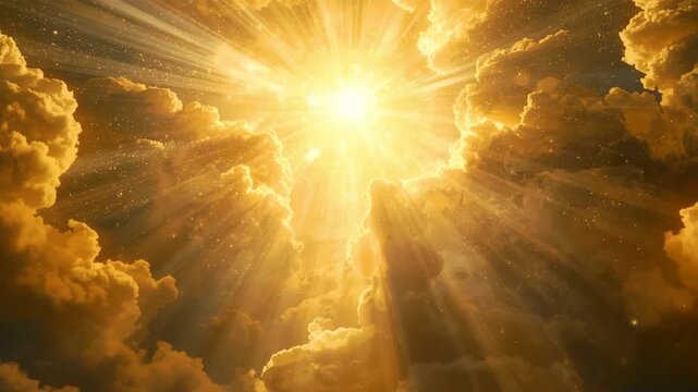 Dramatic sunlight breaking through thick clouds with bright rays illuminating sky opening