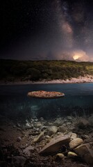 A pizza floats in the starry sky, sinks to the bottom of the sea, or grows on the sand and stones of a dry landscape garden